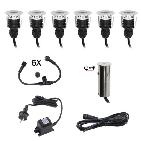 Foco empotrable de suelo mini LED KIT 6 piezas incl. sensor crepuscular Redondo