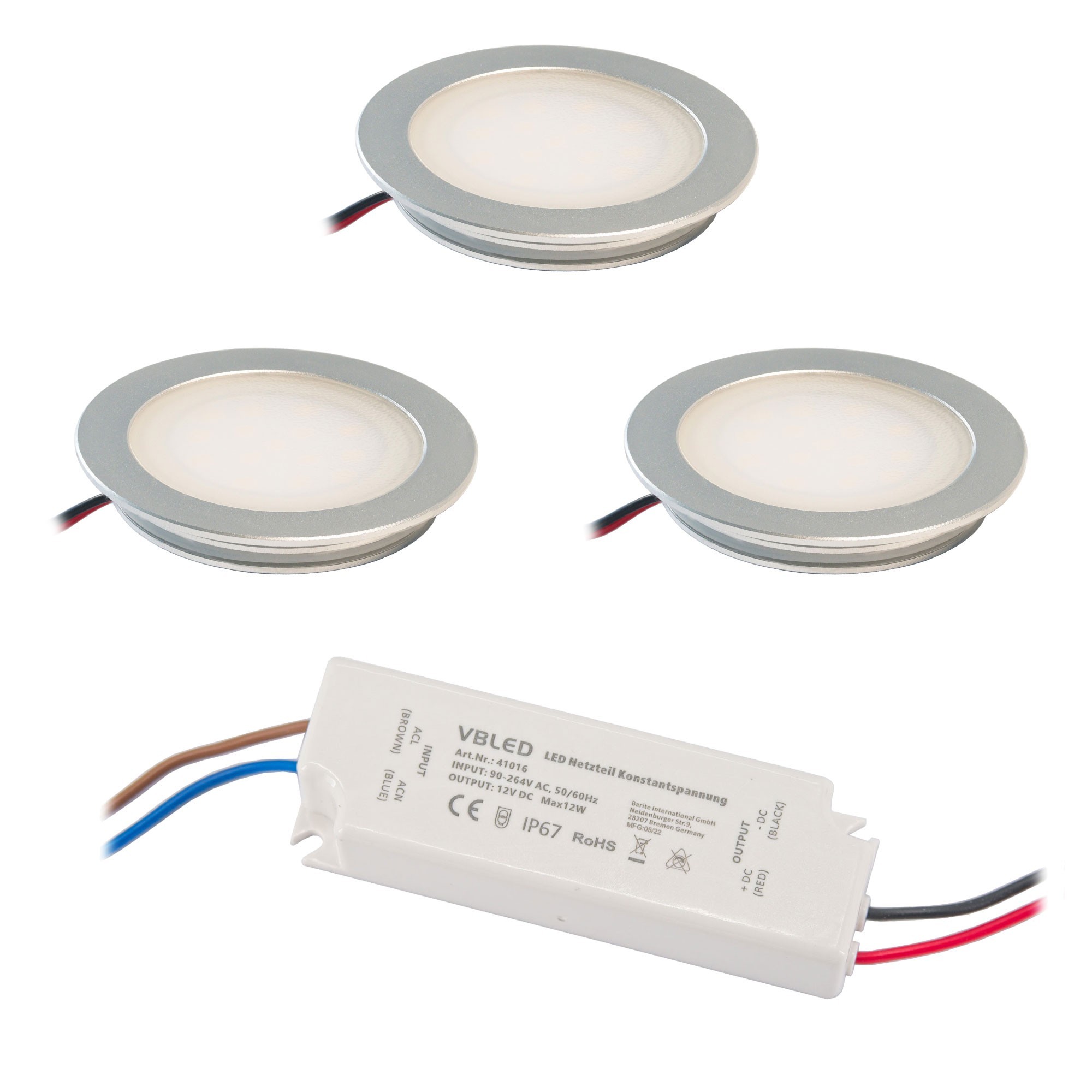 Set of 3 recessed lights Extra flat aluminium warm-white