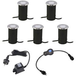 Juego de 5 luminarias LED empotrables en el suelo de acero inoxidable, redondas, 12 V, 3000 K Regulador de intensidad de 3 nivel