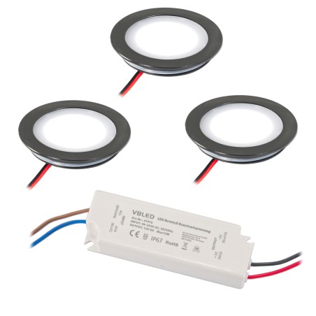 Set of 3 recessed luminaires Extra flat aluminium black 3000K with LED power supply unit