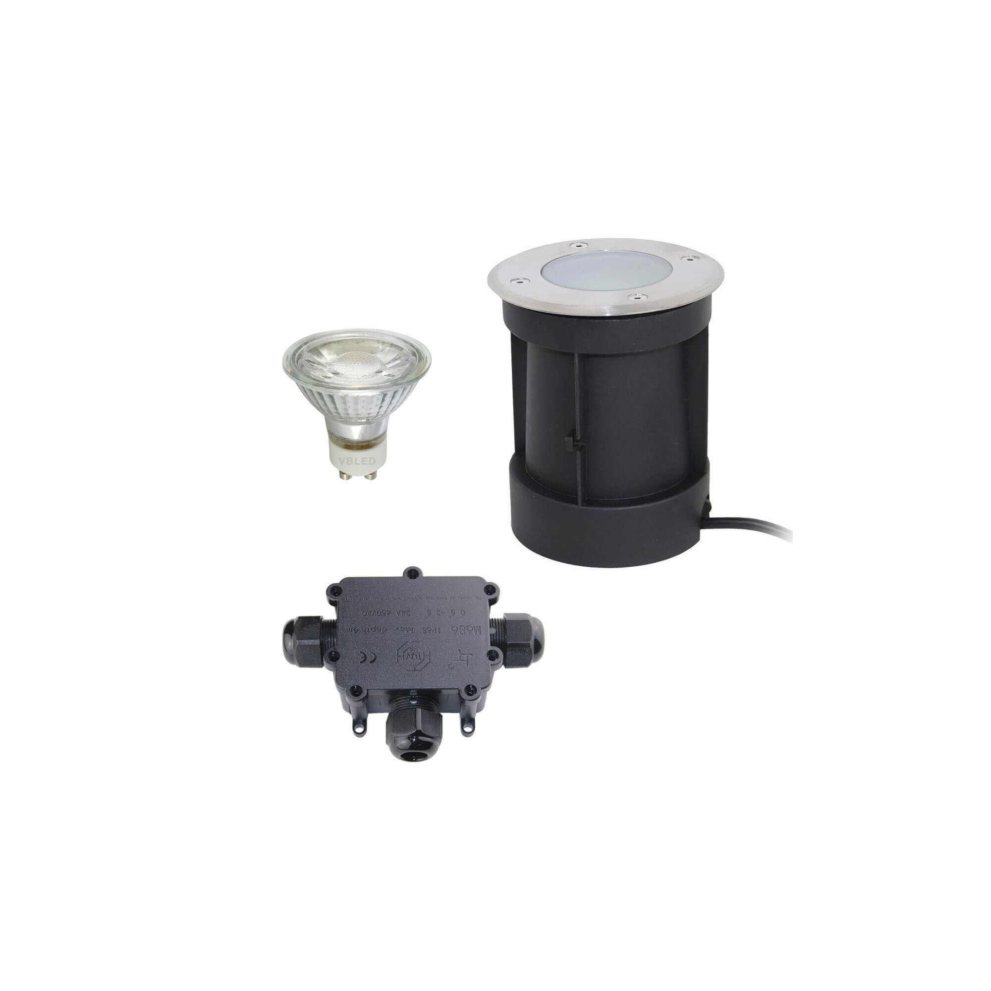 Faretto da incasso a pavimento a LED con zoccolo orientabile con lampadina da 5,5W e connettore per cavo a 3 vie