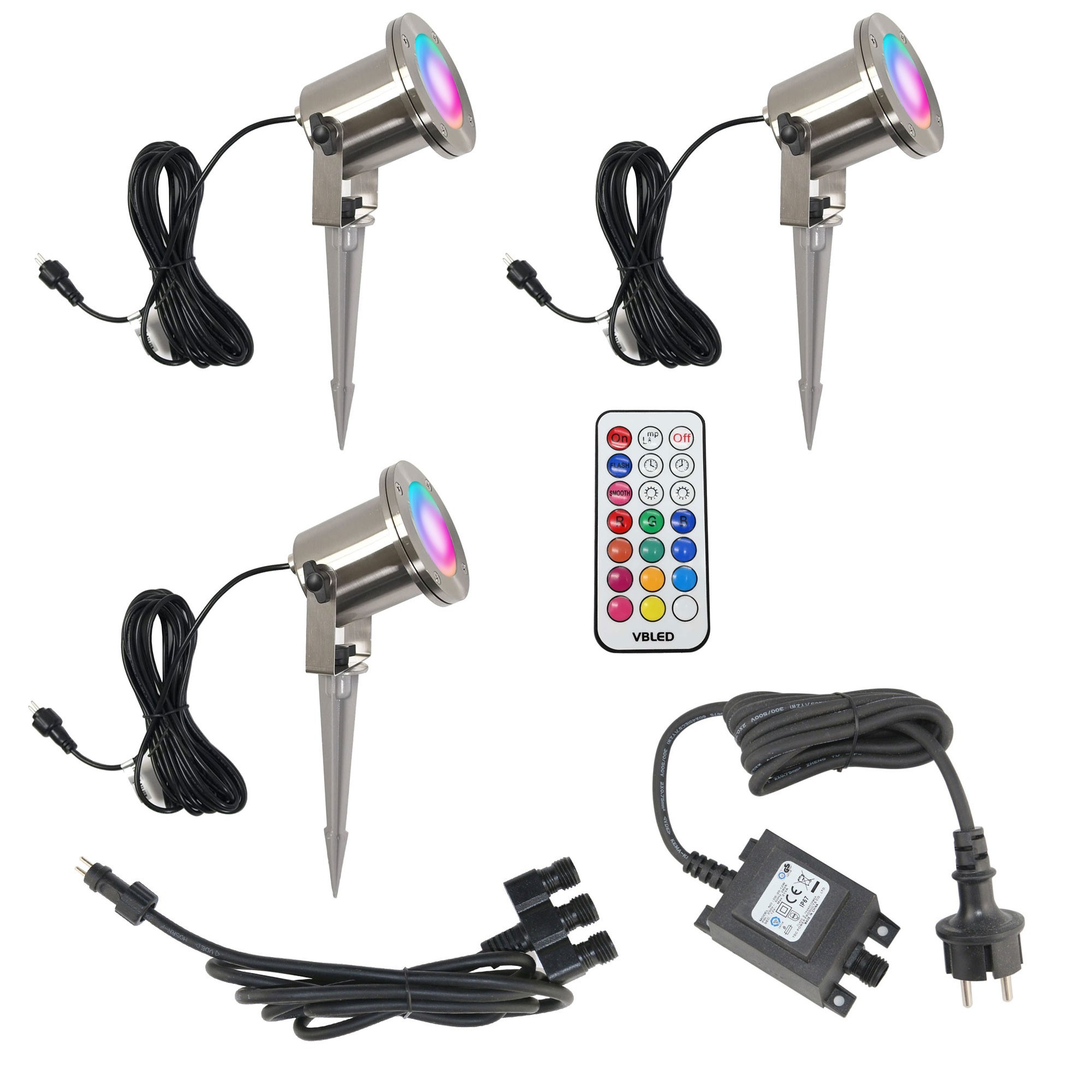 Set of 3 LED pond lights / garden pond light 12V, made of stainless steel IP68 with RGBW MR16 bulb and transformer