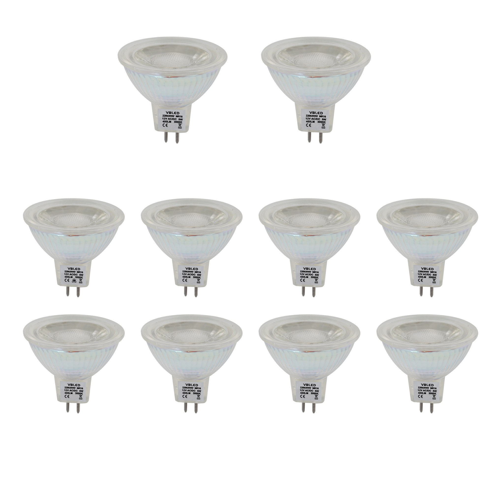 Juego de 10 lámparas LED MR16 GU5.3, regulables, 450LM, 5W reemplazo para lámparas halógenas de 50W, blanco cálido(2900K), 12V A