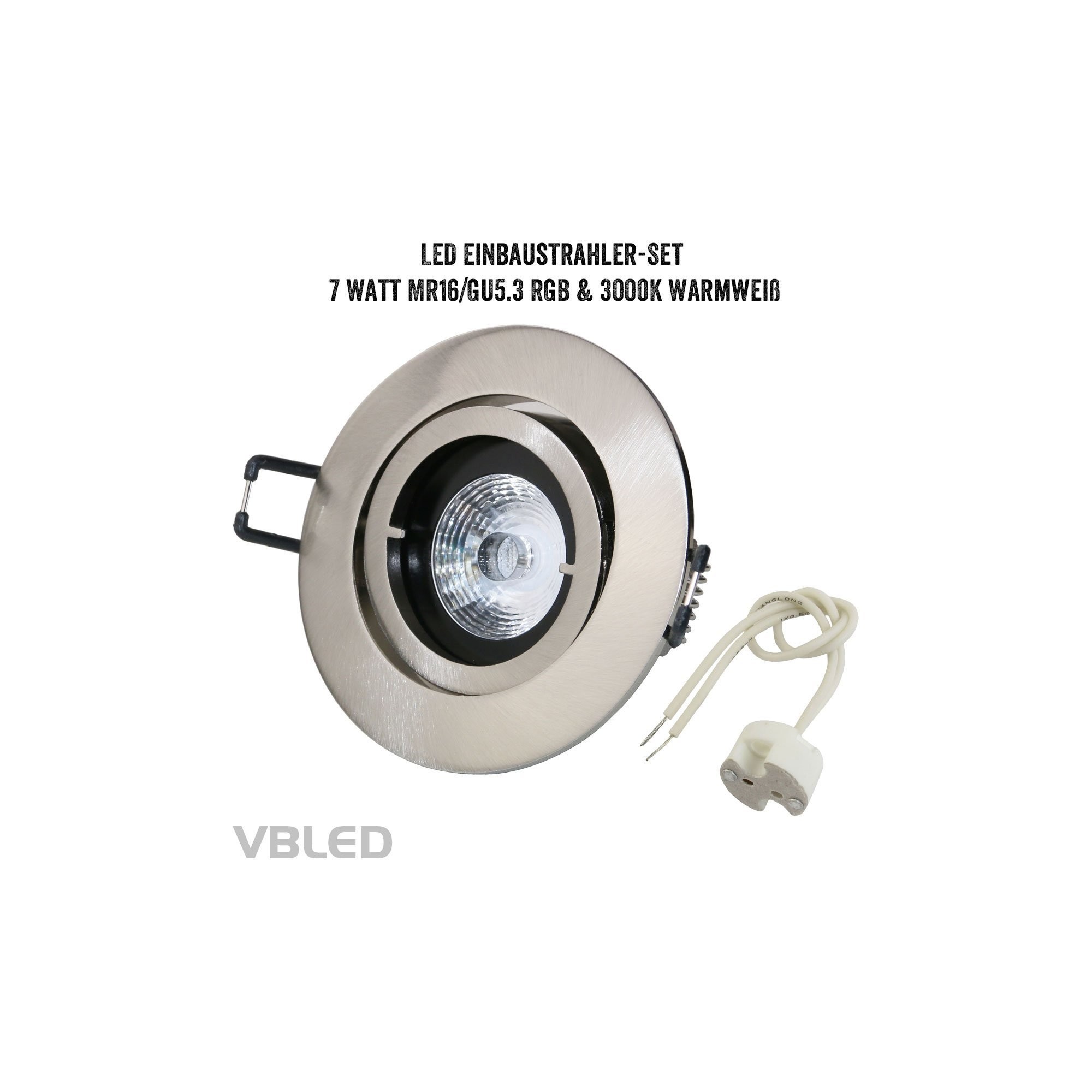 Recessed spotlight set with 7W RGB+W LED illuminant and mounting frame in brushed silver finish round